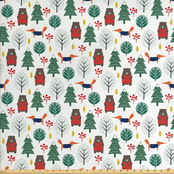 Ambesonne Cartoon Fabric by the Yard Upholstery, Fox and Bear Forest, 3 Yards, Multicolor