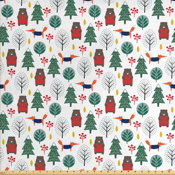 Ambesonne Cartoon Fabric by the Yard Upholstery, Fox and Bear Forest, 3 Yards, Multicolor