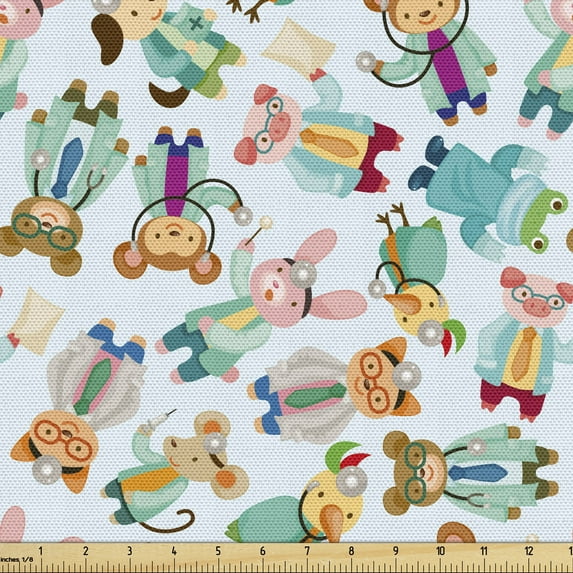 Ambesonne Cartoon Fabric by the Yard Upholstery, Funny Animal Doctors Art, 3 Yards, Pale Blue Multicolor