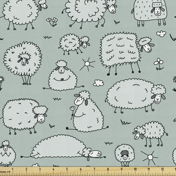 Ambesonne Cartoon Fabric by the Yard Upholstery, Funny Flock of Sheep Doodle, 1 Yard, Pale Grey Green