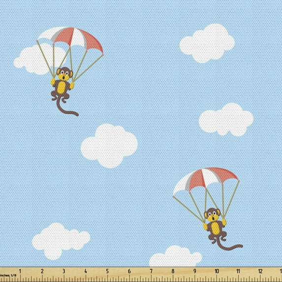 Ambesonne Cartoon Fabric by the Yard Upholstery, Funny Monkey Parachutes, 10 Yards, Pale Blue Multicolor