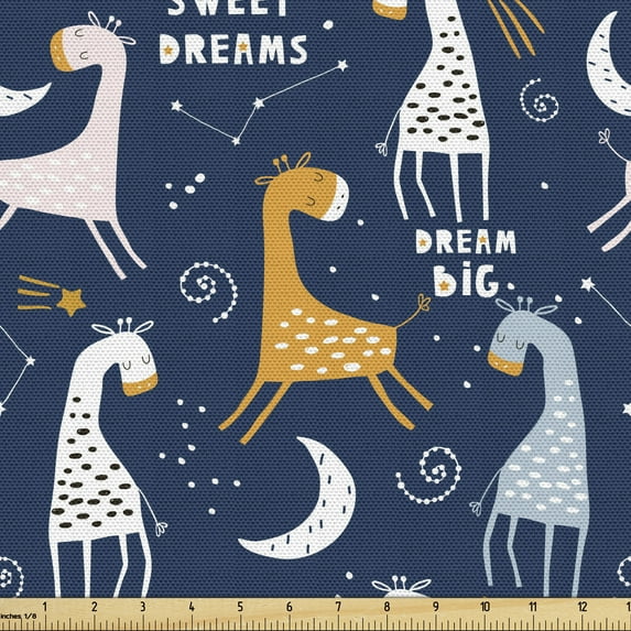 Ambesonne Cartoon Fabric by the Yard Upholstery, Giraffes Dream Big Message, 2 Yards, Night Blue Orange and Rose