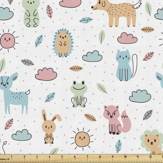 Ambesonne Cartoon Fabric by the Yard Upholstery, Hand Drawn Animals Pattern, 2 Yards, Multicolor