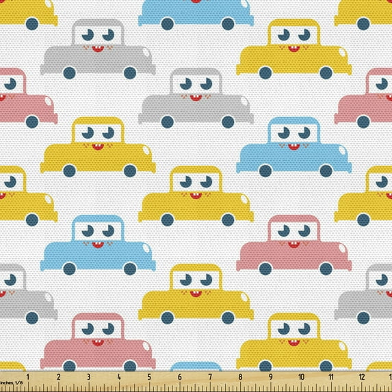 Ambesonne Cartoon Fabric by the Yard Upholstery, Happy Cars City Life Print, 2 Yards, White Blush Mustard