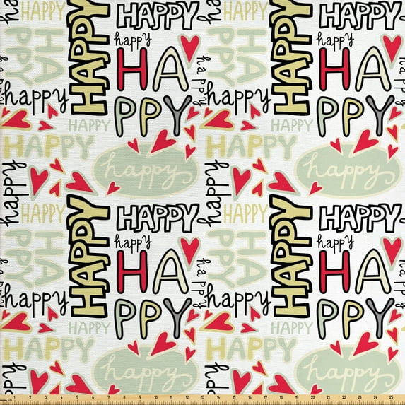 Ambesonne Cartoon Fabric by the Yard Upholstery, Happy Words with Hearts, 2 Yards, Multicolor