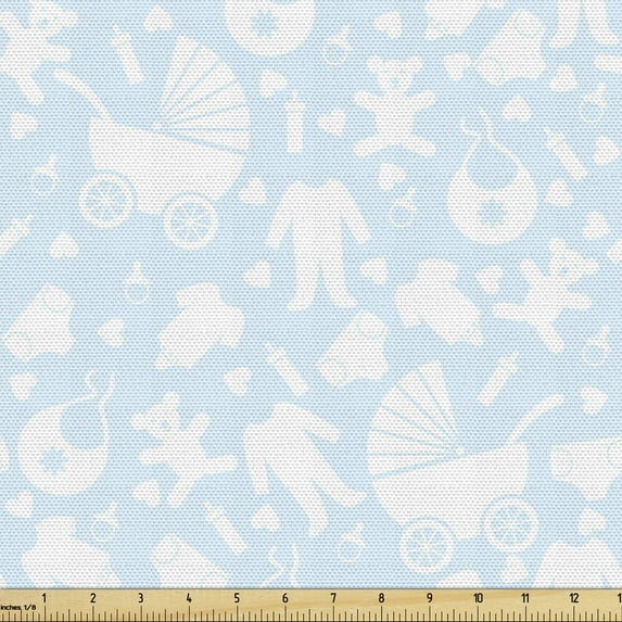 Ambesonne Cartoon Fabric by the Yard Upholstery, Hearts Teddy Bears Clothes, 1 Yard, Pale Blue and White