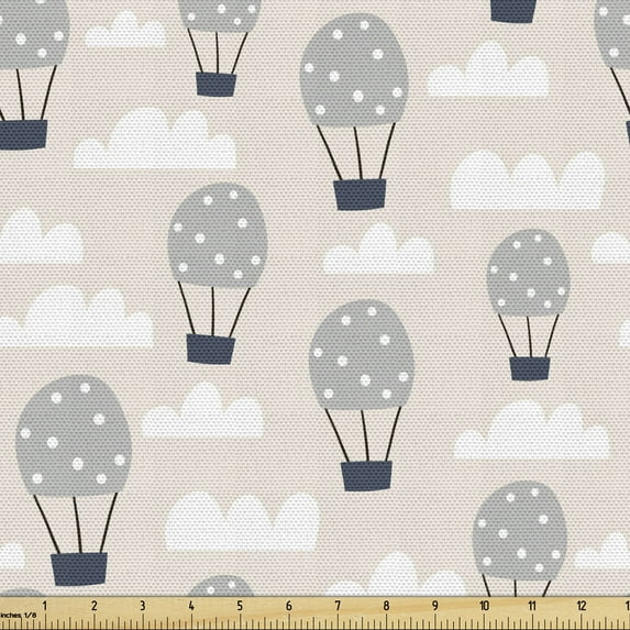 Ambesonne Cartoon Fabric by the Yard Upholstery, Hot Air Balloons Art, 3 Yards, Pale Grey Champagne
