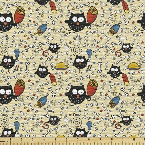 Ambesonne Cartoon Fabric by the Yard Upholstery, Hungry Owls Eating, 1 Yard, Black Multicolor