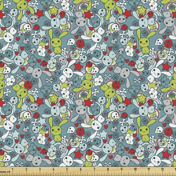 Ambesonne Cartoon Fabric by the Yard Upholstery, Kawai Bunnies Happy, 1 Yard, Multicolor