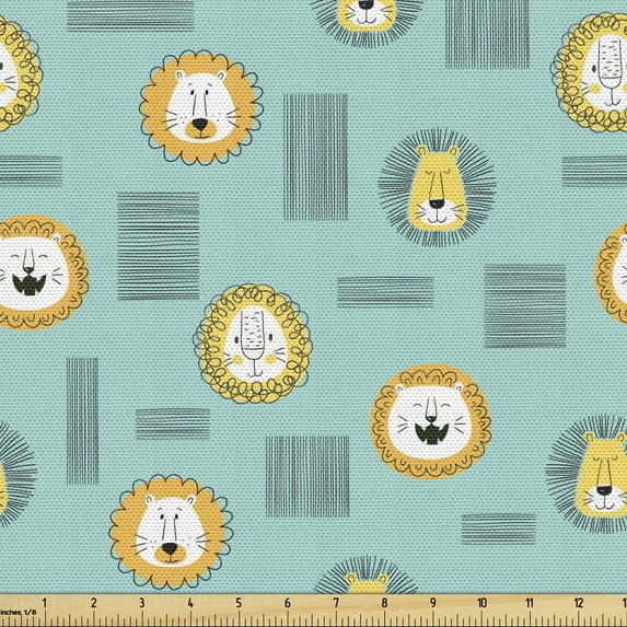 Ambesonne Cartoon Fabric by the Yard Upholstery, Lion Drawings, 5 Yards, Seafoam Mustard