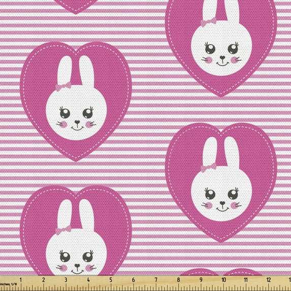 Ambesonne Cartoon Fabric by the Yard Upholstery, Little Bunnies Cartoon Like, 5 Yards, Pink White