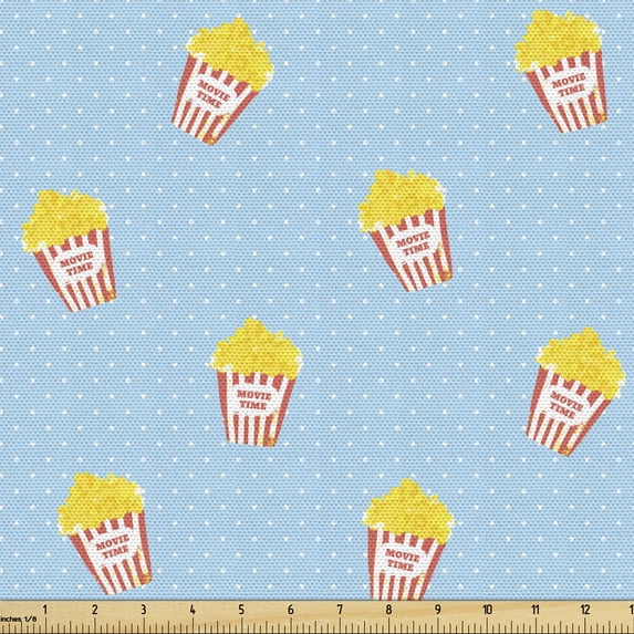 Ambesonne Cartoon Fabric by the Yard Upholstery, Movie Night Theme Pop Corn, 2 Yards, Mustard and Pale Blue