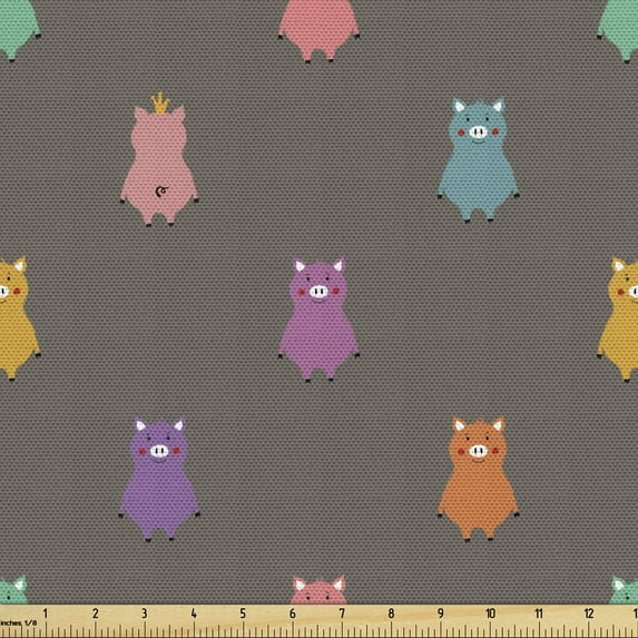 Ambesonne Cartoon Fabric by the Yard Upholstery, Multicolored Pigs Motif, 2 Yards, Violet Coral