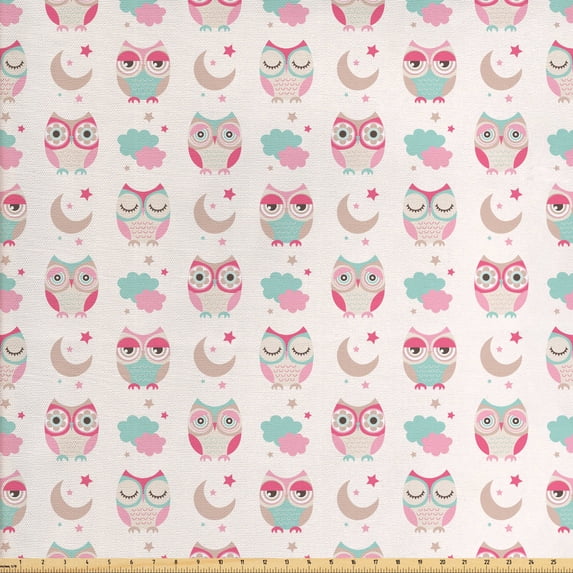 Ambesonne Cartoon Fabric by the Yard Upholstery, Night Time Owls Moon Fun, 2 Yards, Seafoam Pink and Tan