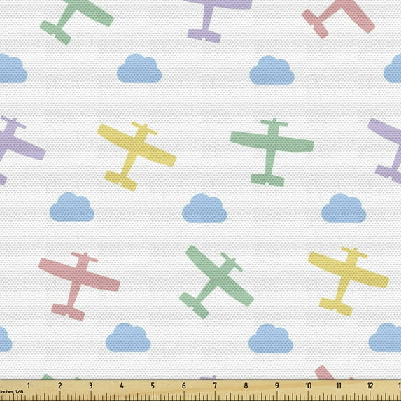 Ambesonne Cartoon Fabric by the Yard Upholstery, Old Planes and Clouds Art, 3 Yards, White and Multicolor