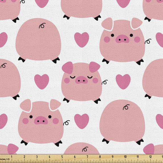 Ambesonne Cartoon Fabric by the Yard Upholstery, Pattern of Pigs, 5 Yards, Multicolor