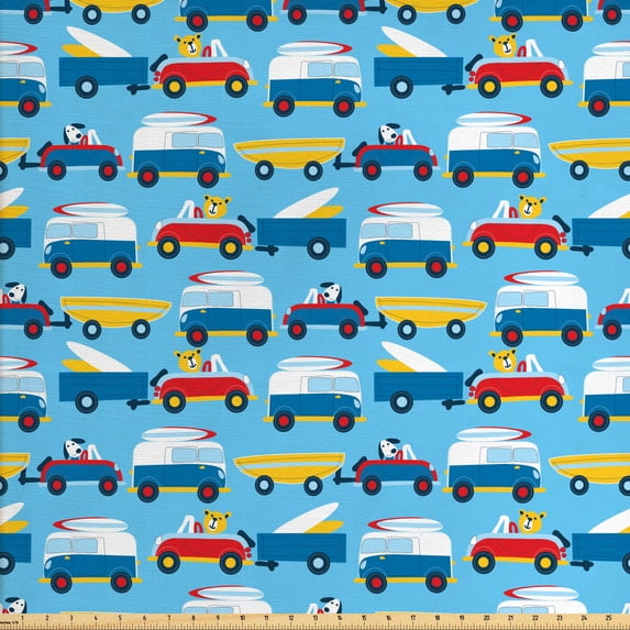 Ambesonne Cartoon Fabric by the Yard Upholstery, Puppies Driving to Beach, 5 Yards, Sea Blue Earth Yellow