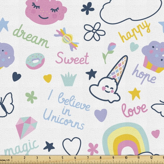 Ambesonne Cartoon Fabric by the Yard Upholstery, Rainbow Clouds Happy Items, 5 Yards, Multicolor