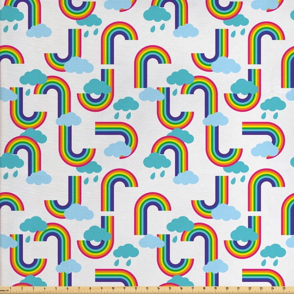 Ambesonne Cartoon Fabric by the Yard Upholstery, Rainbow and Clouds Pattern, 2 Yards, Off White and Multicolor