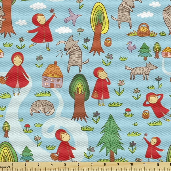 Ambesonne Cartoon Fabric by the Yard Upholstery, Red Riding Hood, 5 Yards, Multicolor