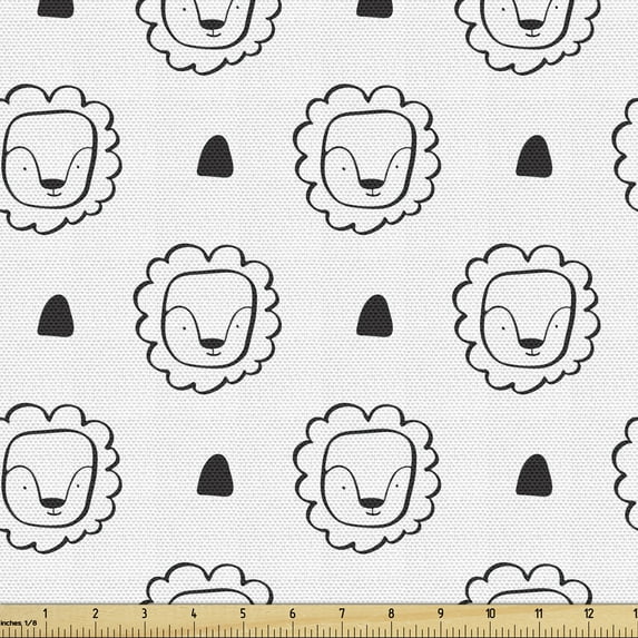 Ambesonne Cartoon Fabric by the Yard Upholstery, Repeated Lion Portraits, 2 Yards, Charcoal Grey and White