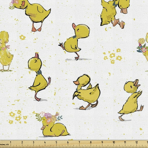 Ambesonne Cartoon Fabric by the Yard Upholstery, Repetitive Little Ducklings, 2 Yards, White and Mustard