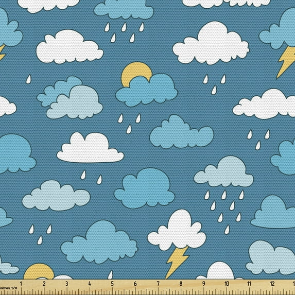 Ambesonne Cartoon Fabric by the Yard Upholstery, Sky Rain Clouds Bolts Sun, 1 Yard, Sea Blue White Mustard