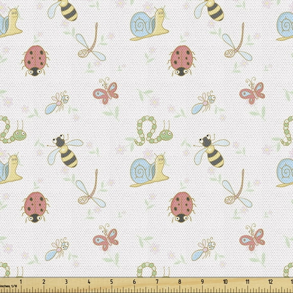 Ambesonne Cartoon Fabric by the Yard Upholstery, Soft Funny Insects, 5 Yards, Multicolor
