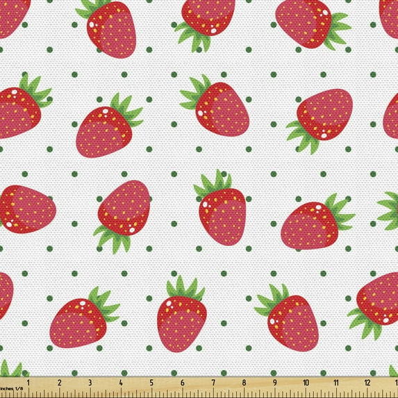 Ambesonne Cartoon Fabric by the Yard Upholstery, Strawberry Fruits on Dots, 5 Yards, Dark Pink Green and White