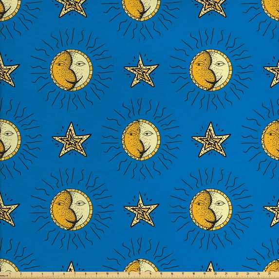 Ambesonne Cartoon Fabric by the Yard Upholstery, Sun and Moon Phases Layout, 3 Yards, Cobalt Blue and Mustard