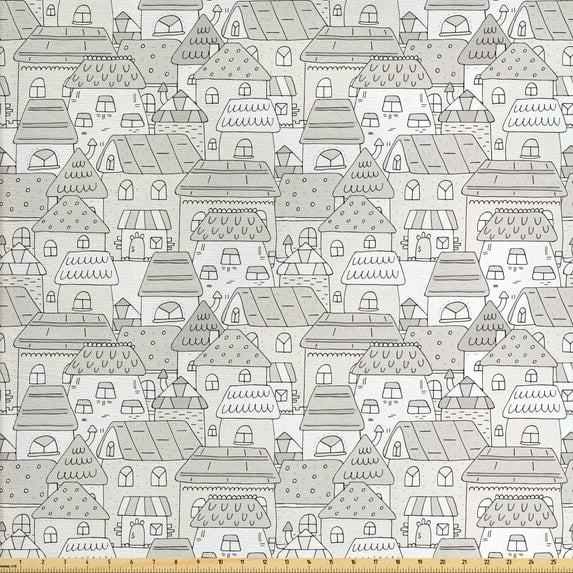 Ambesonne Cartoon Fabric by the Yard Upholstery, Town Houses in Muted Tones, 5 Yards, Pale Eggshell and White