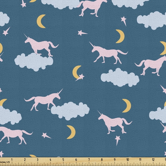 Ambesonne Cartoon Fabric by the Yard Upholstery, Unicorn Clouds Stars Moon, 2 Yards, Petrol Blue and Mustard