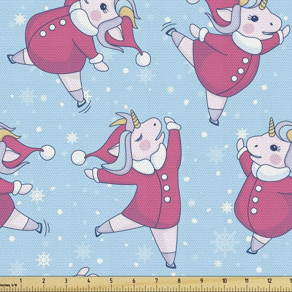 Ambesonne Cartoon Fabric by the Yard Upholstery, Unicorn Skates Santa Coat, 1 Yard, Pink Pale Sky Blue