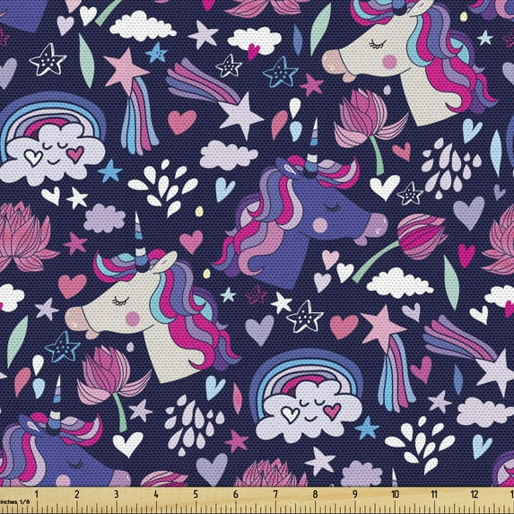 Ambesonne Cartoon Fabric by the Yard Upholstery, Unicorns Stars Hearts Art, 3 Yards, Pink Blue Violet Indigo
