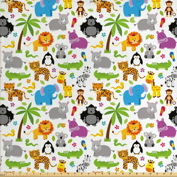 Ambesonne Cartoon Fabric by the Yard Upholstery, Various Animals, 3 Yards, Multicolor