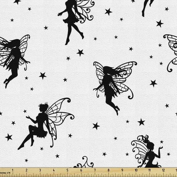 Ambesonne Cartoon Fabric by the Yard Upholstery, Winged Fairies and Stars, 5 Yards, White and Charcoal Grey