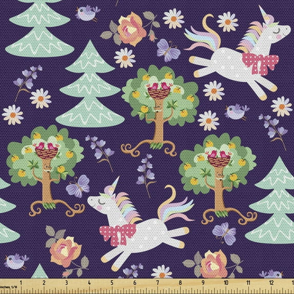 Ambesonne Cartoon Fabric by the Yard Upholstery, Woods Unicorn Fun, 1 Yard, Multicolor