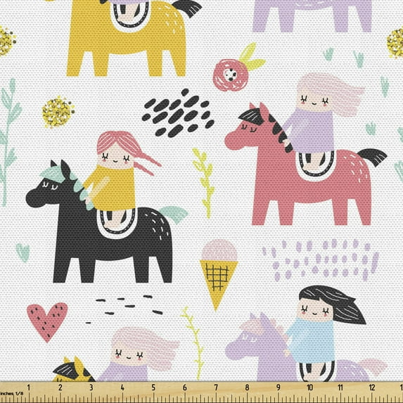 Ambesonne Cartoon Fabric by the Yard Upholstery, Young Girl Riding a Pony, 2 Yards, Multicolor