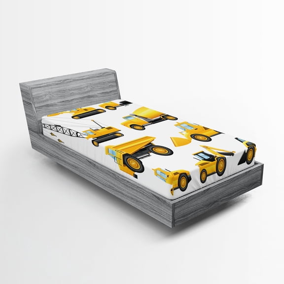 Ambesonne Cartoon Fitted Sheet 2 Pcs Set, Construction Vehicles, Twin, Earth Yellow Black