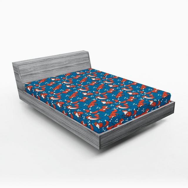Ambesonne Cartoon Fitted Sheet 2 Pcs Set, Fox Heart Dots, King, Dark Salmon Azure Blue