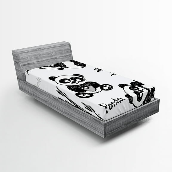 Ambesonne Cartoon Fitted Sheet 2 Pcs Set, Hand Drawn Panda Poses, Twin, White and Black