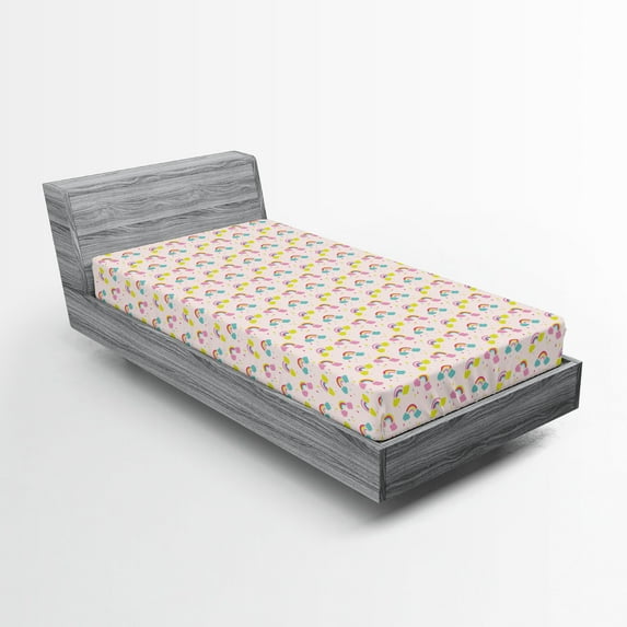 Ambesonne Cartoon Fitted Sheet 2 Pcs Set, Rainbows Raindrops, Twin, Rose and Multicolor