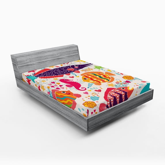 Ambesonne Cartoon Fitted Sheet 2 Pcs Set, Underwater Fish, Queen, Multicolor