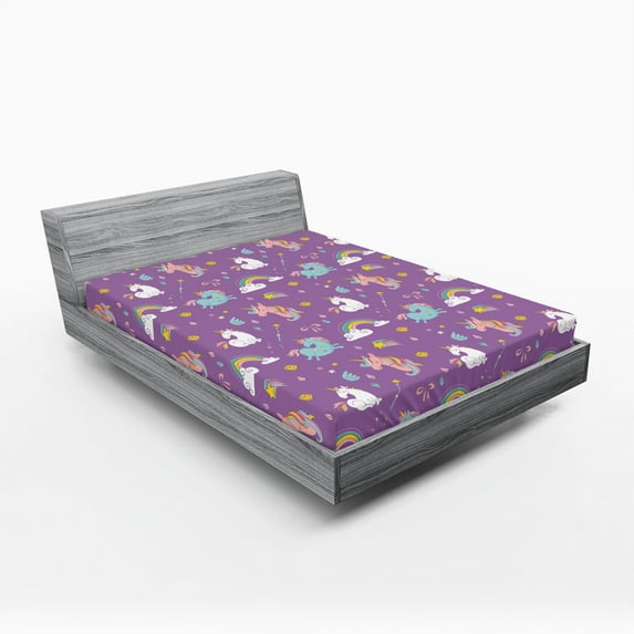 Ambesonne Cartoon Fitted Sheet 2 Pcs Set, Unicorn Rainbows, Full, Multicolor