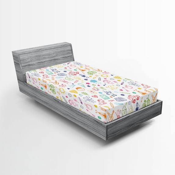 Ambesonne Cartoon Fitted Sheet 2 Pcs Set, like Drawing, Twin, Multicolor