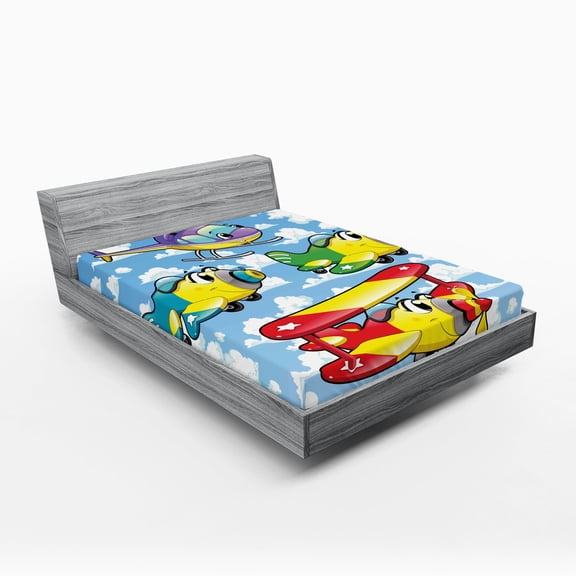 Ambesonne Cartoon Fitted Sheet, Airplanes Sky, Queen Size, Multicolor