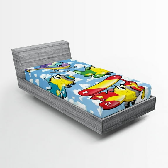 Ambesonne Cartoon Fitted Sheet, Airplanes Sky, Twin Size, Multicolor
