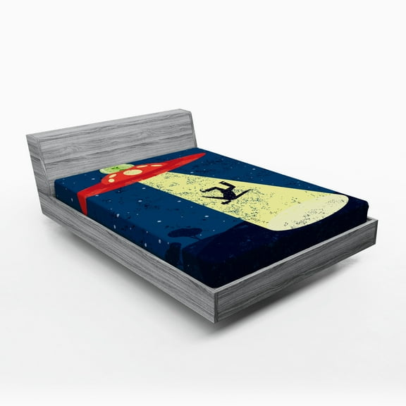 Ambesonne Cartoon Fitted Sheet, Alien Abduction Space, Full Size, Blue and Yellow
