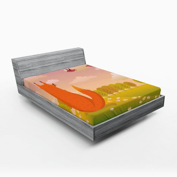 Ambesonne Cartoon Fitted Sheet, Animal Fox Wildlife, Full Size, Orange Lilac Green