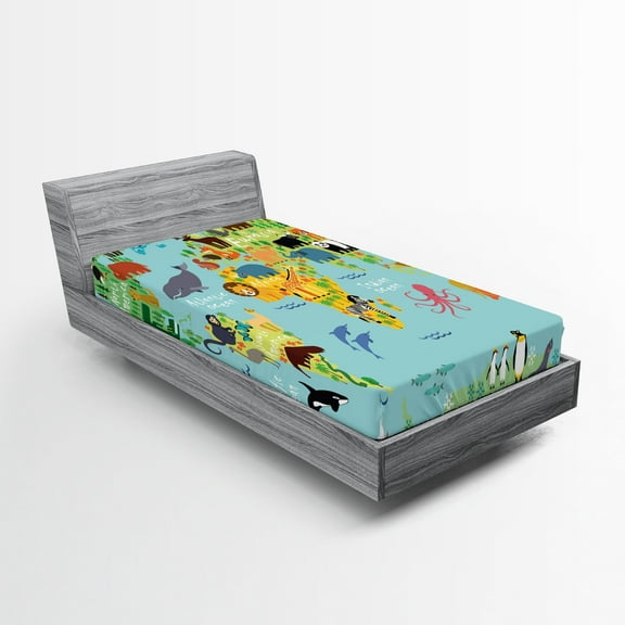 Ambesonne Cartoon Fitted Sheet, Animal Map of the World, Twin Size, Pale Blue Yellow Green